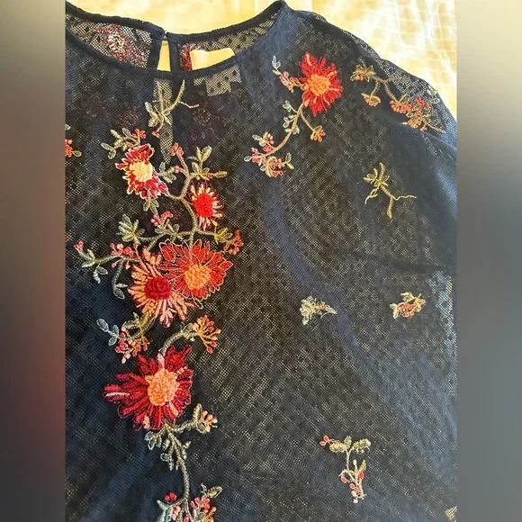Anthropologie Maeve Black Sheer Blouse with Red Floral Embroidery - Picture 5 of 10